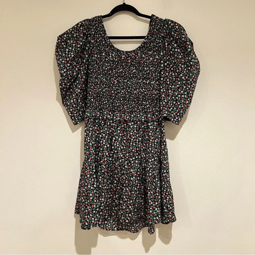 Sea New York Liberty Black Strawberry Print Tie Back Puff Sleeve Mini Dress L